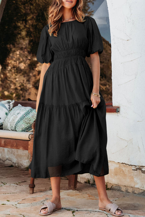 Puff Sleeve Pleated High Waist Flowy Long Dress